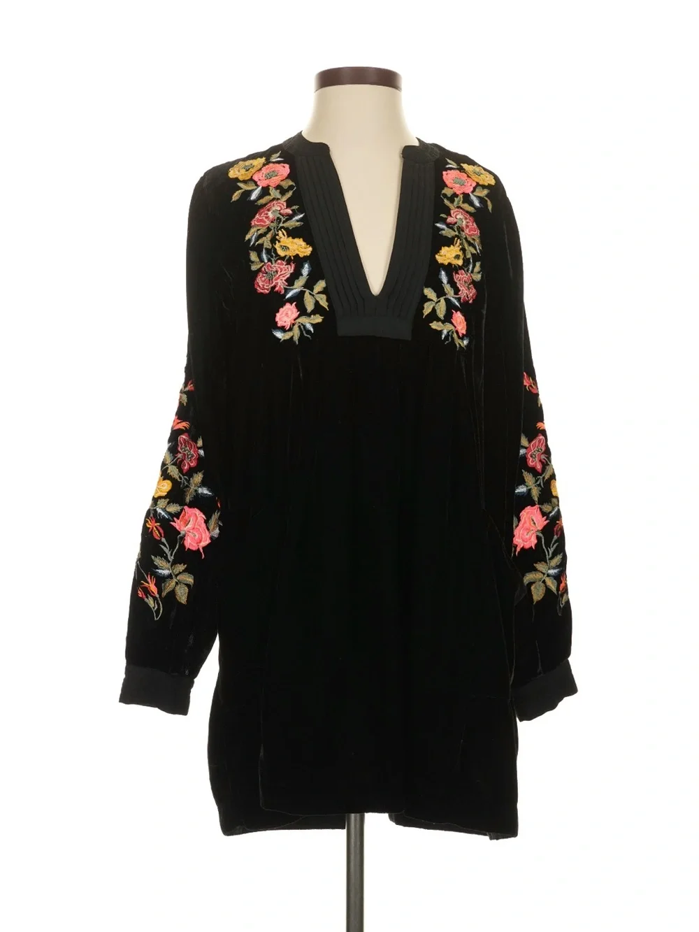Free People womans Mia Black Velvet Floral Embroidered V-Neck mini Dress size XS